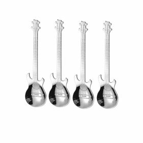 4Pcs Metal Guitar Spoon Flatware Set 18/10 Stainless Steel Guitar Spoons Creative Milk Coffee Spoon Ice Cream Candy Teaspoon (Color: Silvery 4 Pcs)
